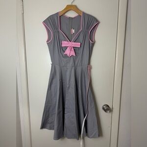 Pinup couture, gray with pink accent, Heidi  fit & flare rockabilly midi dress L